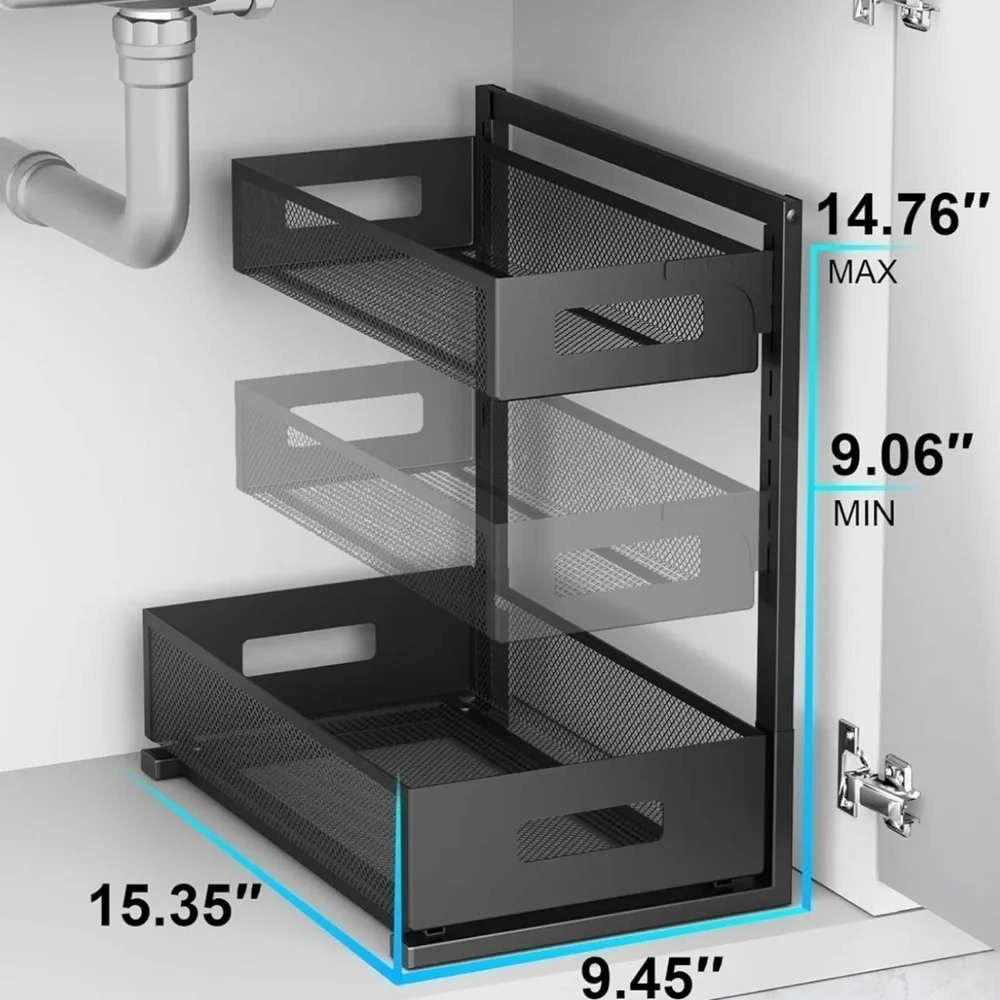 Under Sink Organizer Pull Out Cabinet Organizer Adjustable Height 2 Tier